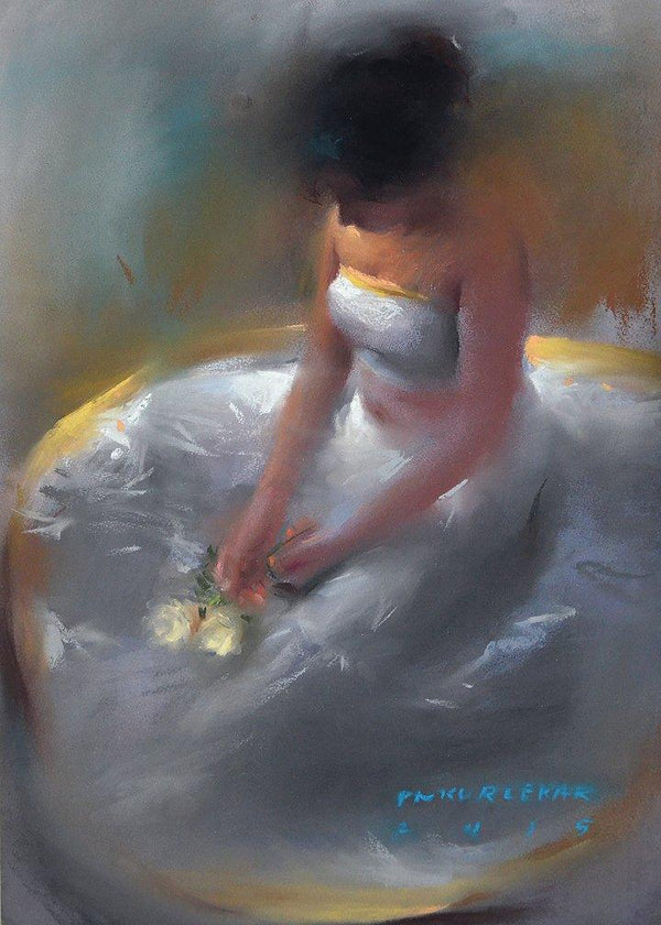 Figurative oil pastel painting titled 'Girl in White', 21x15 inches, by artist Pramod Kurlekar on Paper