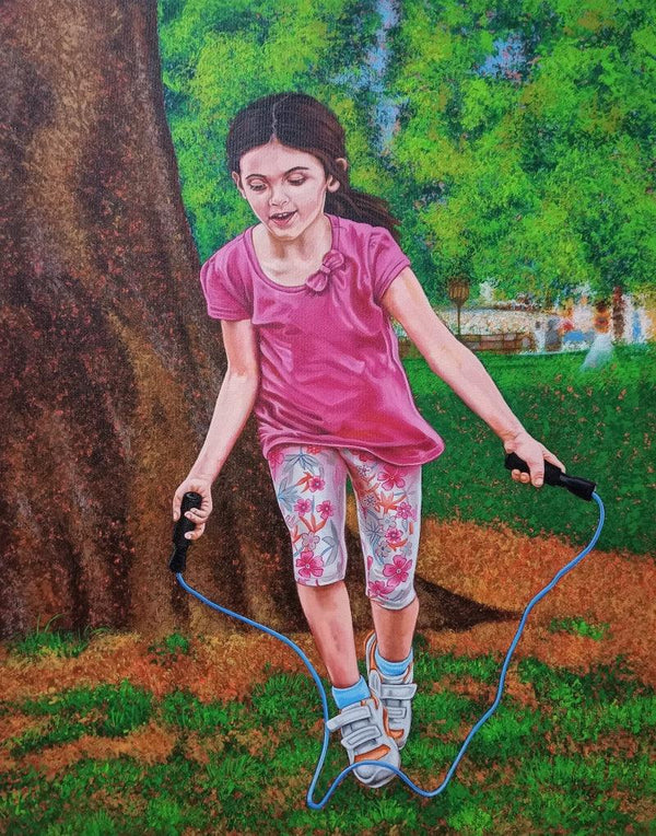 Figurative acrylic painting titled 'Girl Jumping Rope', 30x24 inches, by artist Pooja Kumawat on Canvas