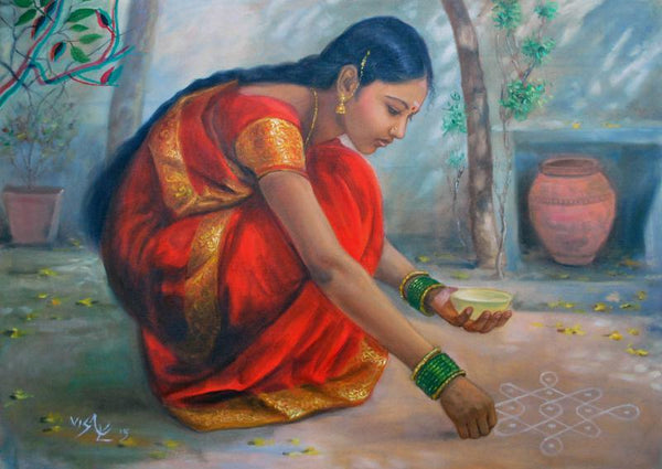 Figurative oil painting titled 'Girl Laying Kolam', 23x32 inches, by artist Vishalandra Dakur on Canvas