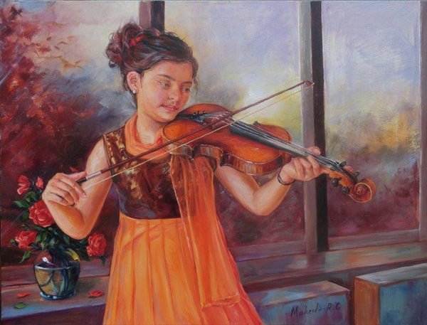 Figurative oil painting titled 'Girl Learning Violin', 40x30 inches, by artist Mahesh RC on Canvas