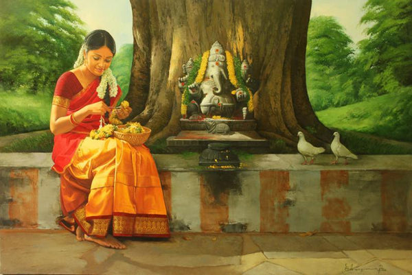 Figurative oil painting titled 'Girl Making a Garland', 16x24 inches, by artist S  Elayaraja on Canvas