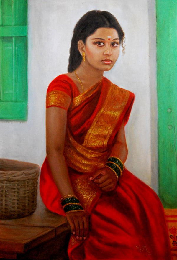 Figurative oil painting titled 'Girl On Rustic Bench', 32x23 inches, by artist Vishalandra Dakur on Canvas