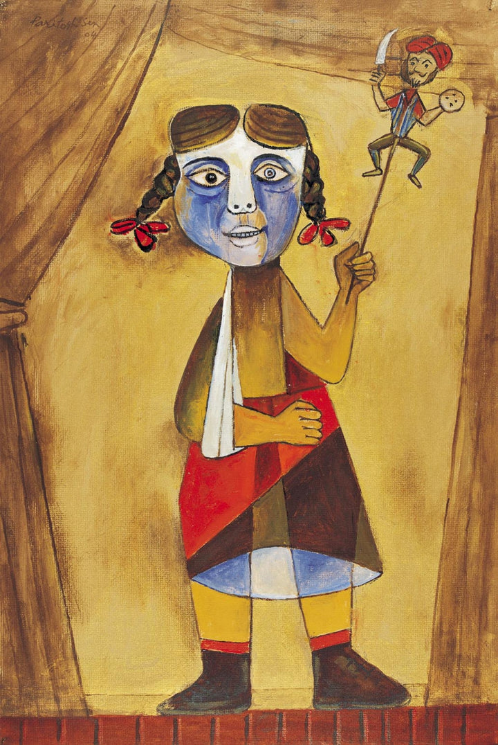 Figurative serigraphs painting titled 'Girl With Plaster Cast', 30x22 inch, by artist Paritosh Sen on Paper