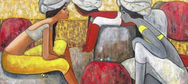 Figurative acrylic painting titled 'Girl Playing Marbles', 27x60 inches, by artist Suruchi Jamkar on Canvas