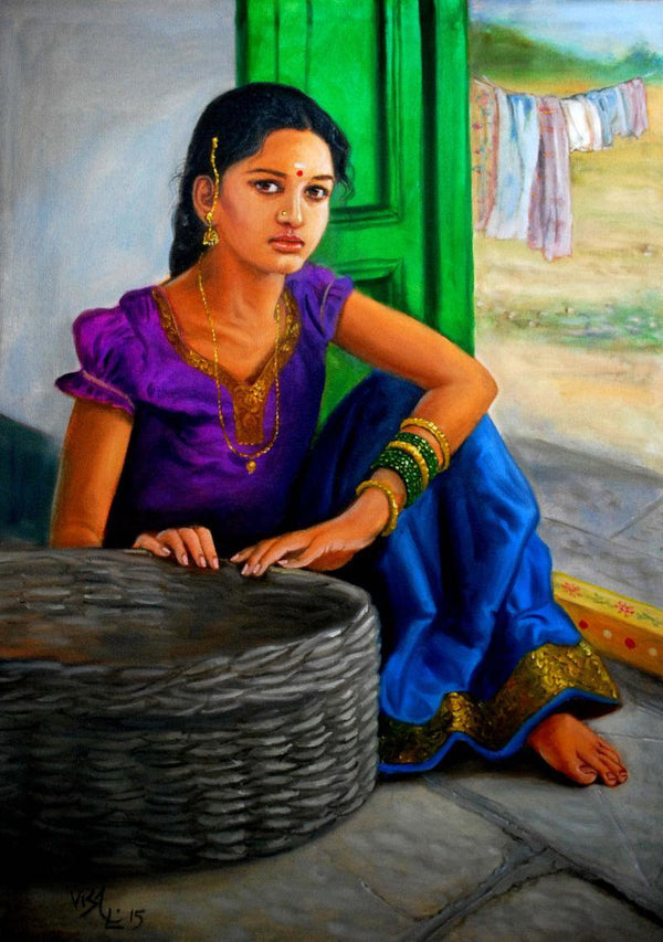 Figurative oil painting titled 'Girl Selling Fruits', 32x23 inches, by artist Vishalandra Dakur on Canvas