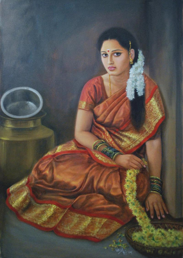 Figurative oil painting titled 'Girl Sitting', 48x32 inches, by artist Vishalandra Dakur on Canvas