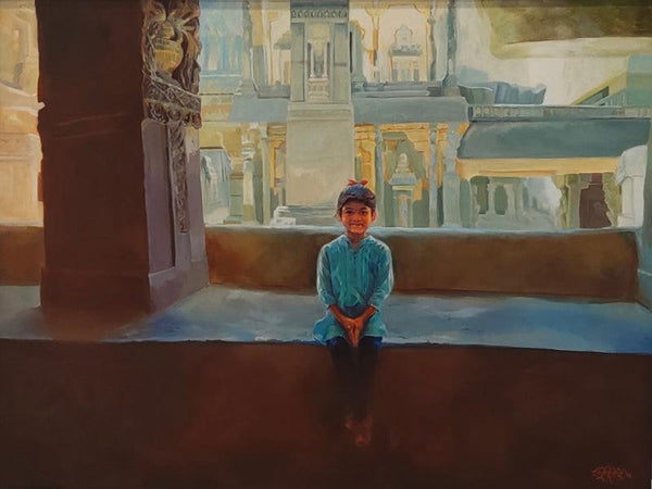 Religious acrylic painting titled 'Girl Sitting In The Kailas Temple', 36x48 inches, by artist Sheetal Bawkar on Canvas