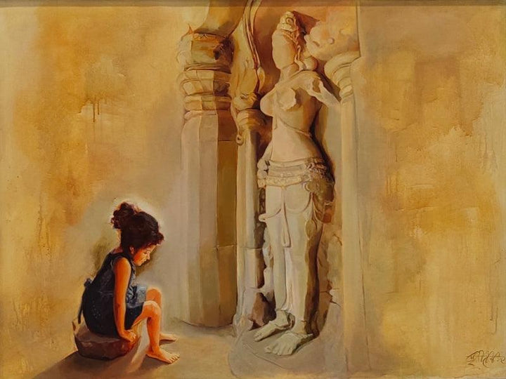 Religious acrylic painting titled 'Girl Sitting In The Verul Caves', 36x48 inches, by artist Sheetal Bawkar on Canvas