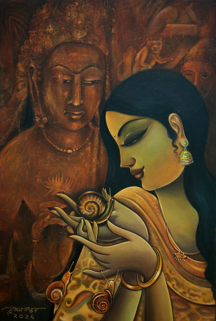 Religious acrylic painting titled 'A Girl With Snails', 36x24 inch, by artist Sumon Naskar on Canvas