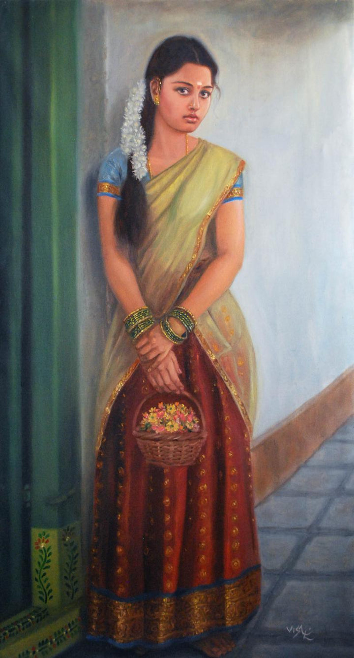 Figurative oil painting titled 'Girl To Temple', 40x23 inches, by artist Vishalandra Dakur on Canvas