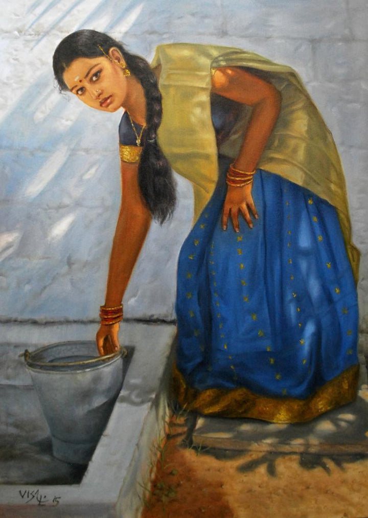 Figurative oil painting titled 'Girl Washing', 32x23 inches, by artist Vishalandra Dakur on Canvas