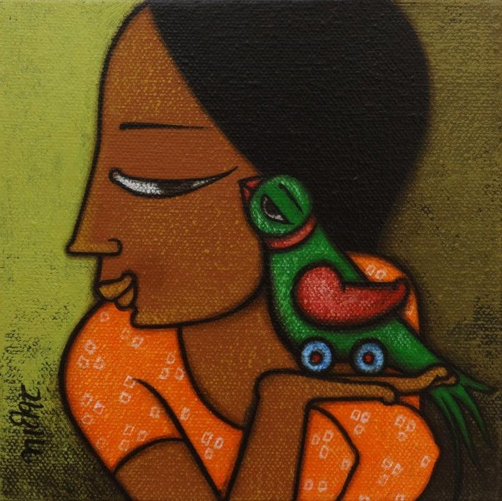 Figurative acrylic painting titled 'Girl With A Bird 3', 6x6 inches, by artist Hitendra Singh Bhati on Canvas