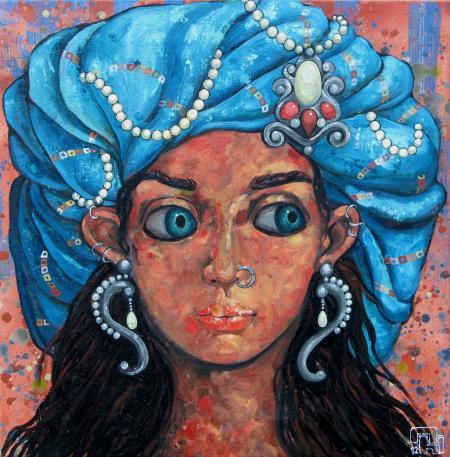 Fantasy acrylic painting titled 'Girl With A Blue Turban', 18x18 inches, by artist Suruchi Jamkar on Canvas