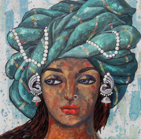 Fantasy acrylic painting titled 'Girl With A Green Turban', 18x18 inches, by artist Suruchi Jamkar on Canvas