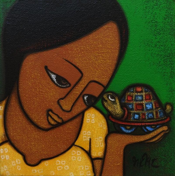 Figurative acrylic painting titled 'Girl With A Turtle', 6x6 inches, by artist Hitendra Singh Bhati on Canvas