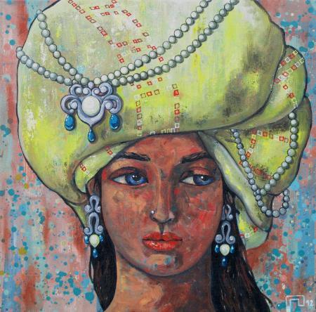 Fantasy acrylic painting titled 'Girl With A Yellow Turban', 18x18 inches, by artist Suruchi Jamkar on Canvas