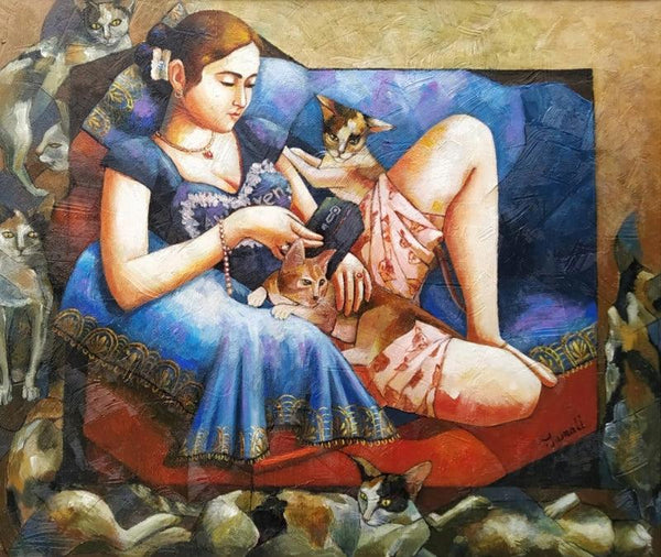 Figurative acrylic painting titled 'Girl With Cat', 30x36 inches, by artist Tamali Das on Canvas
