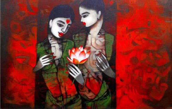 Figurative acrylic painting titled 'Girl With Flower', 22x34 inches, by artist Mukesh Salvi on Canvas