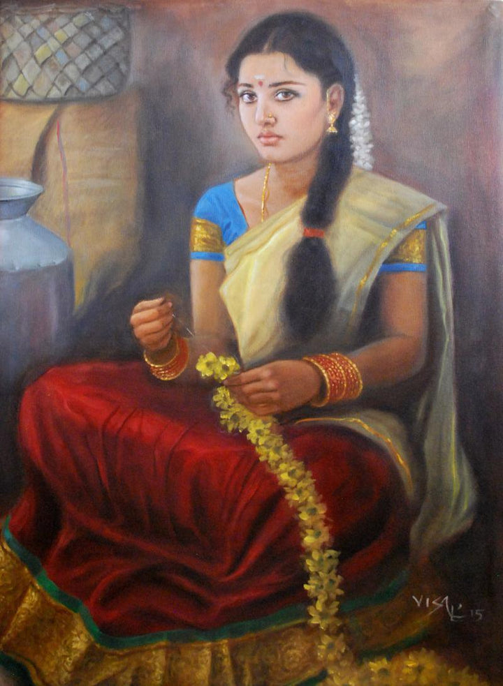 Figurative oil painting titled 'Girl With Flowers', 32x23 inches, by artist Vishalandra Dakur on Canvas