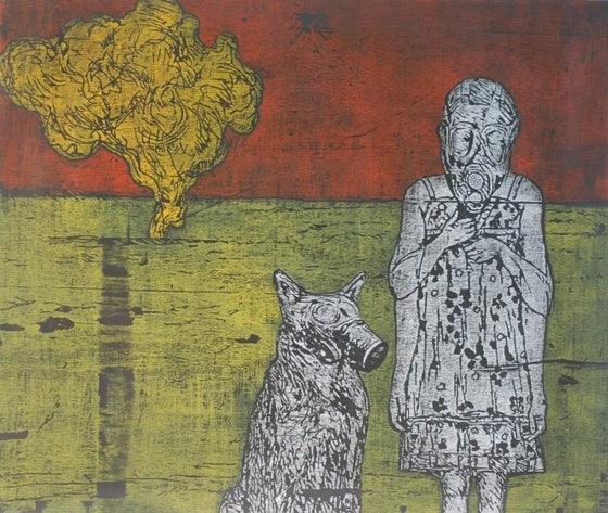 Figurative printmaking titled 'Girl With Her Pet In A Landscape', 36x39 inches, by artist Durgaprasad Bandi on Wood cut