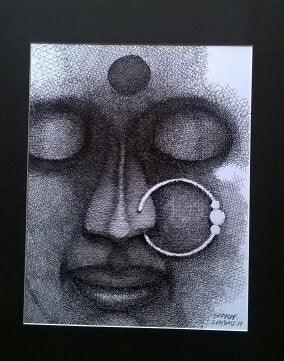 Figurative pen ink drawing titled 'Girl with nose ring', 11x9 inches, by artist SHANKAR KENDALE on Paper