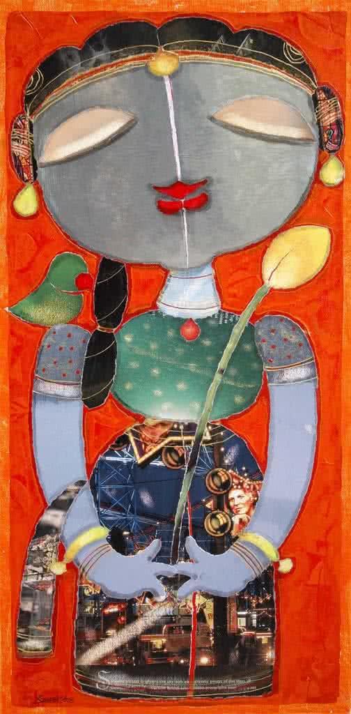 Figurative mixed media painting titled 'Girl With Parrot 1', 14x12 inches, by artist G Subramanian on Canvas