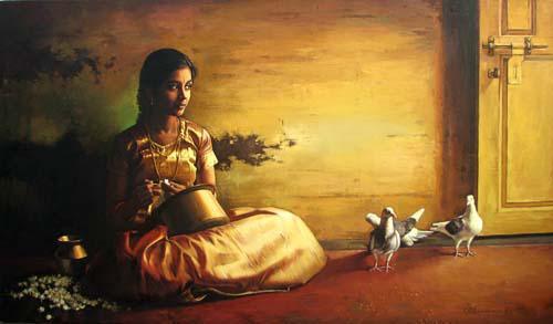 Figurative oil painting titled 'Girl With Pigeon II', 14x24 inches, by artist S  Elayaraja on Canvas