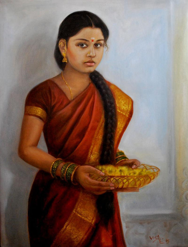 Figurative oil painting titled 'Girl With Pooja Flowers', 32x23 inches, by artist Vishalandra Dakur on Canvas