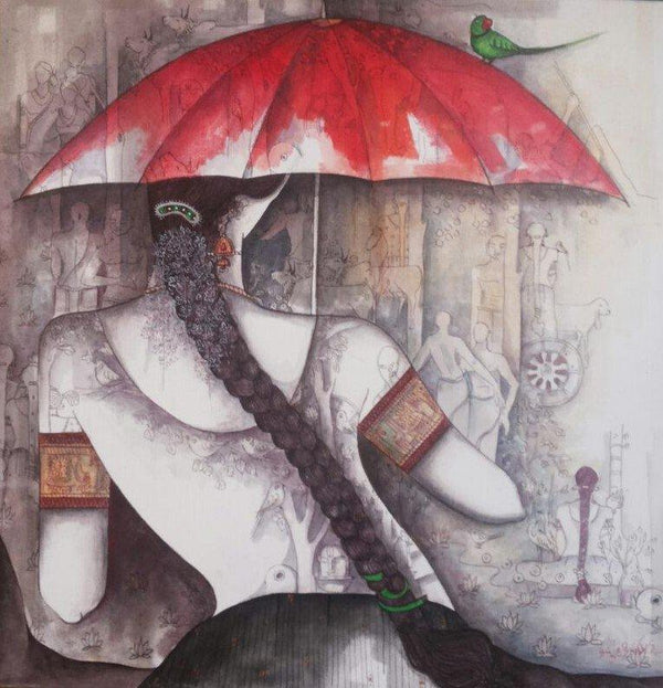 Figurative acrylic painting titled 'Girl with Red Umbrella', 24x24 inches, by artist Kappari Kishan on Canvas