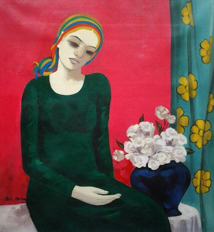 Figurative acrylic painting titled 'Girl With The Flowers', 30x30 inches, by artist Anil Mahajan on Canvas