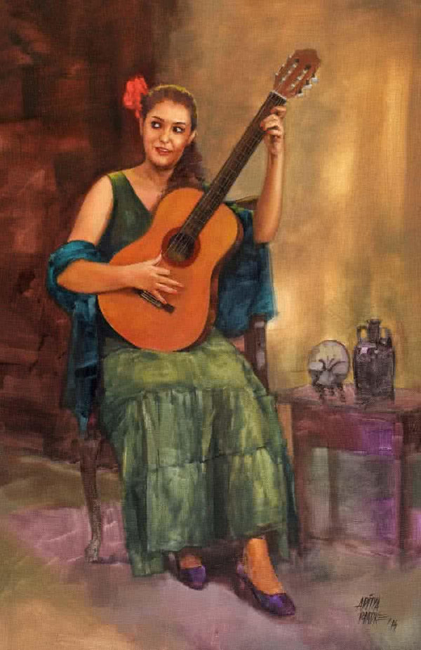 Figurative oil painting titled 'Girl With The Guitar Large', 15x23 inches, by artist Aditya Phadke on Canvas