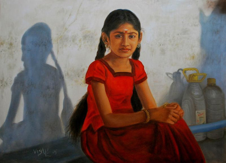 Figurative oil painting titled 'Girl With Two Braids', 23x32 inches, by artist Vishalandra Dakur on Canvas