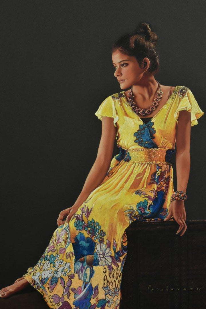 Realistic pencil drawing titled 'Girl with Yellow Frock', 48x36 inches, by artist Parshuram Patil on Paper