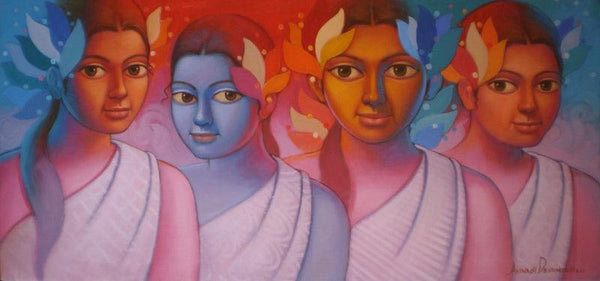 Figurative acrylic painting titled 'Girls 2', 20x42 inches, by artist Avinash Deshmukh on Canvas