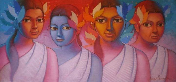 Figurative acrylic painting titled 'Girls 2', 20x42 inches, by artist Avinash Deshmukh on Canvas