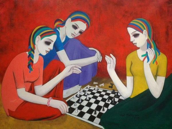 Figurative acrylic painting titled 'Girls', 30x40 inches, by artist Anil Mahajan on Canvas