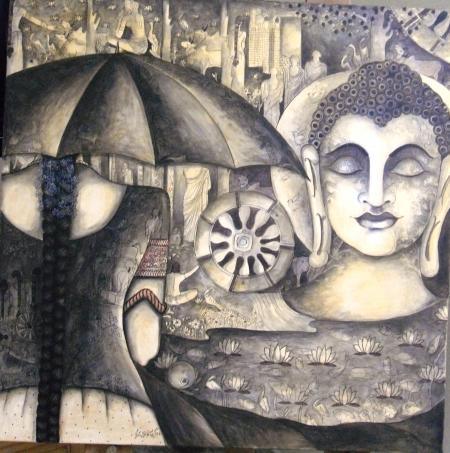 Figurative acrylic painting titled 'Girls at Buddha', 30x30 inches, by artist Kappari Kishan on Canvas