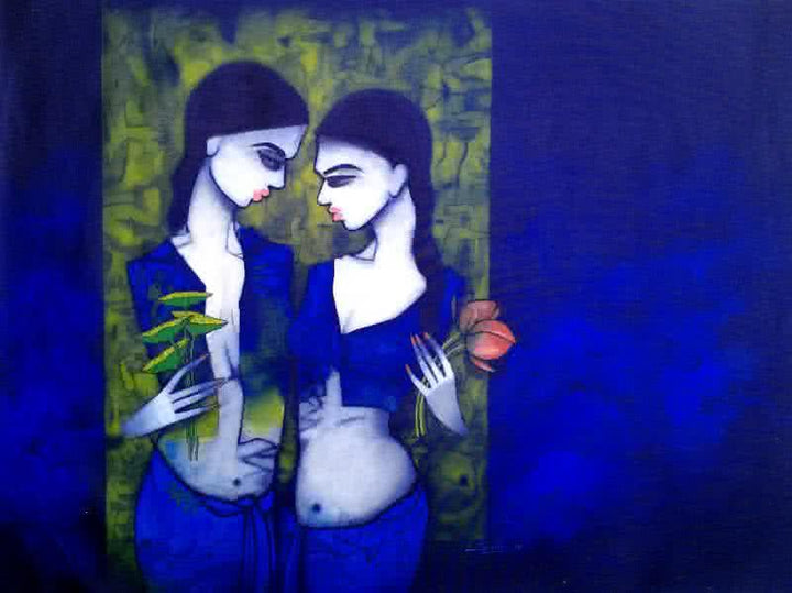 Figurative acrylic painting titled 'Girls in Blue', 36x48 inches, by artist Mukesh Salvi on Canvas