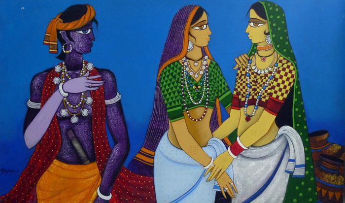 Figurative acrylic painting titled 'Girls In Conversation', 34x58 inches, by artist Gajraj Chavan on Canvas