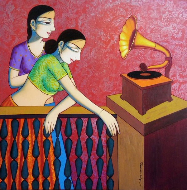 Figurative acrylic painting titled 'Girls Playing Gramophone', 36x36 inches, by artist Pravin Utge on Canvas