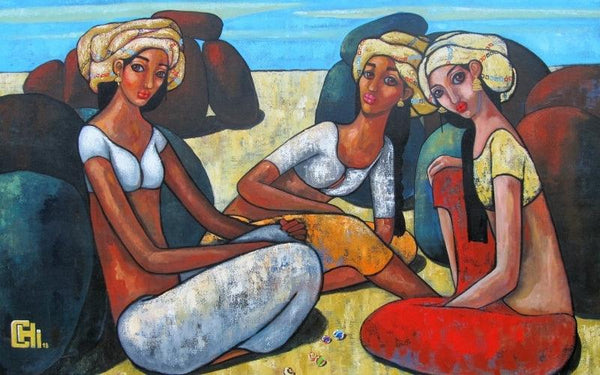 Figurative acrylic painting titled 'Girls Playing Marbles 2', 40x60 inches, by artist Suruchi Jamkar on Canvas