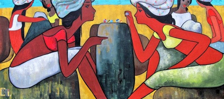 Figurative acrylic painting titled 'Girls Playing Marbles 3', 27x60 inches, by artist Suruchi Jamkar on Canvas