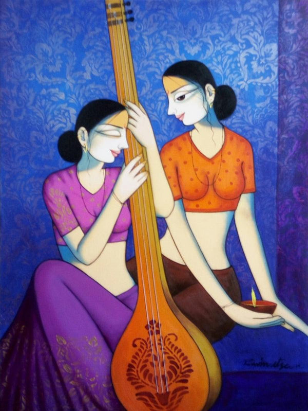 Figurative acrylic painting titled 'Girls Playing Sitar', 40x30 inches, by artist Pravin Utge on Canvas