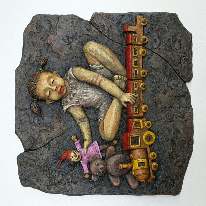 Figurative mixed media titled 'Girls Playing With Toys', 22x22 inches, by artist Shashikant Charbe on Fiberglass On Board