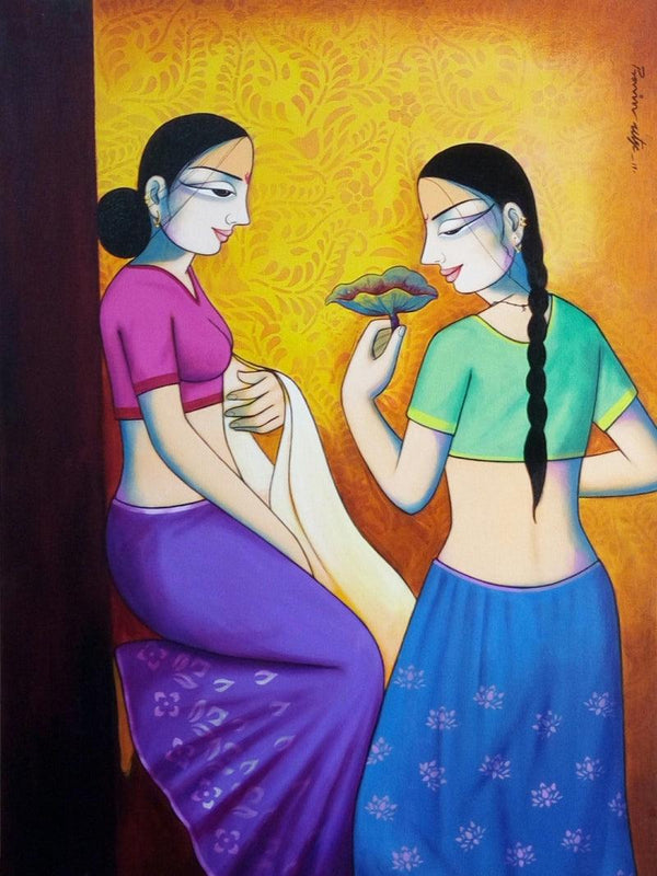 Figurative acrylic painting titled 'Girls With Flower', 40x30 inches, by artist Pravin Utge on Canvas