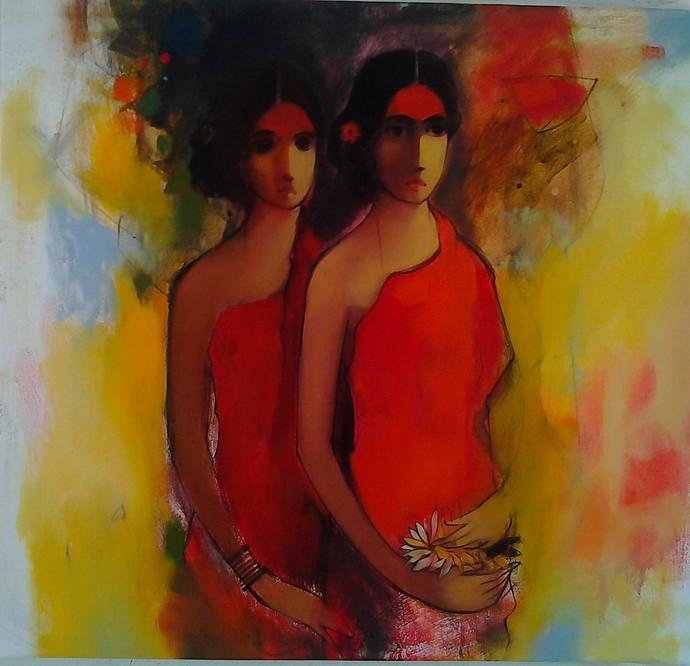 Figurative acrylic painting titled 'Girls With Flowers', 24x24 inches, by artist Sachin Sagare on Canvas