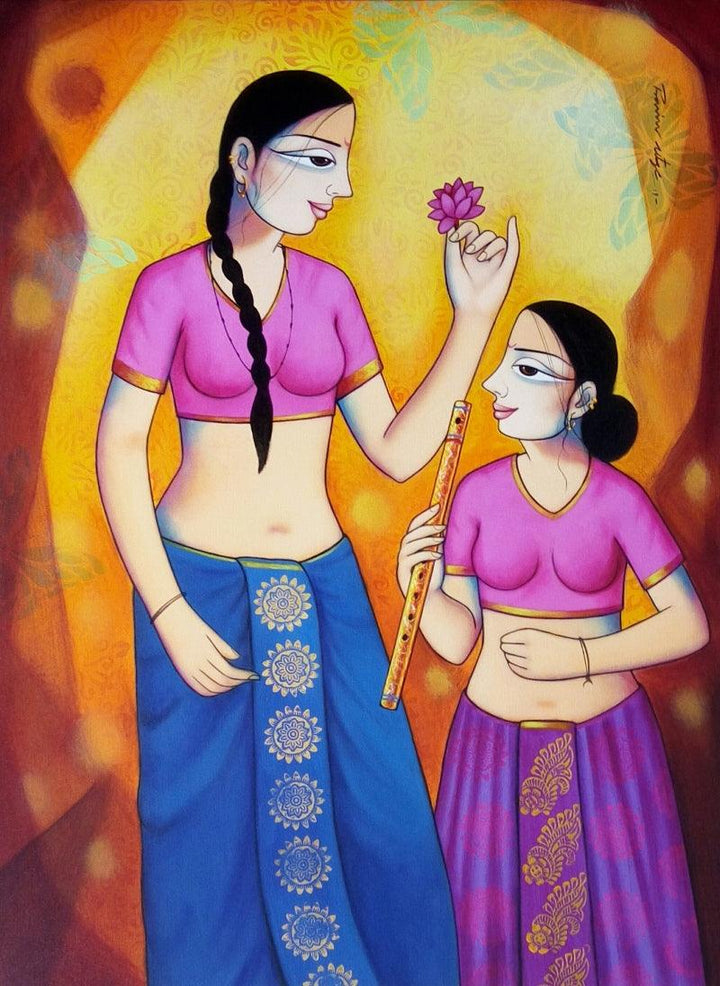 Figurative acrylic painting titled 'Girls With Lotus', 40x30 inches, by artist Pravin Utge on Canvas