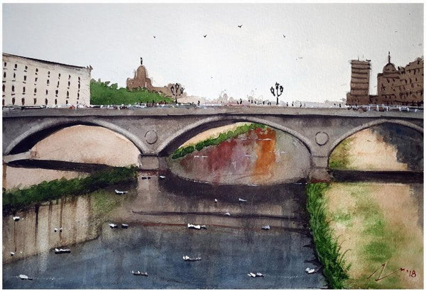 Cityscape watercolor painting titled 'Girona Catalonia Region Spain', 7x11 inches, by artist Arunava Ray on Paper