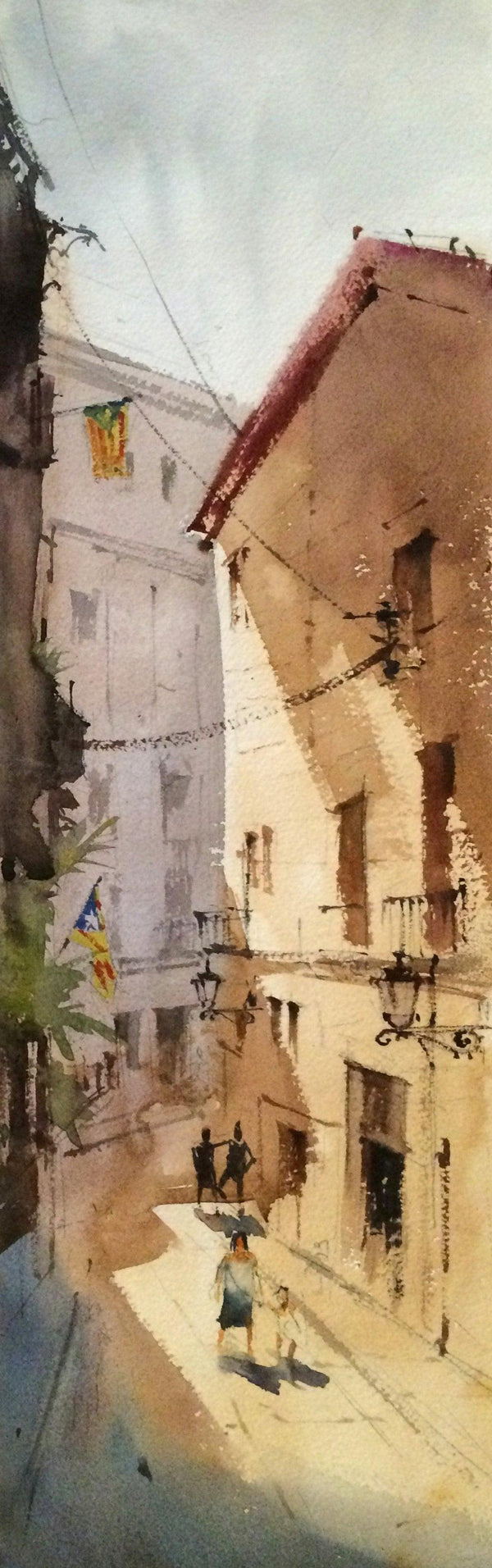 Landscape watercolor painting titled 'Girona street Spain', 10x22 inches, by artist Vikrant Shitole on Paper