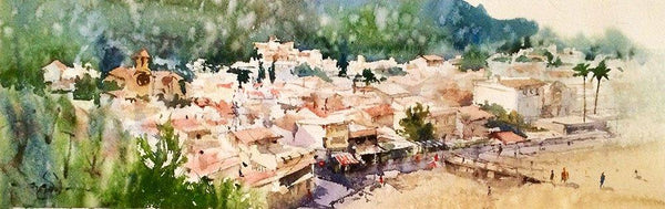 Landscape watercolor painting titled 'Girona tosa De Mar 01a', 22x10 inches, by artist Vikrant Shitole on Paper